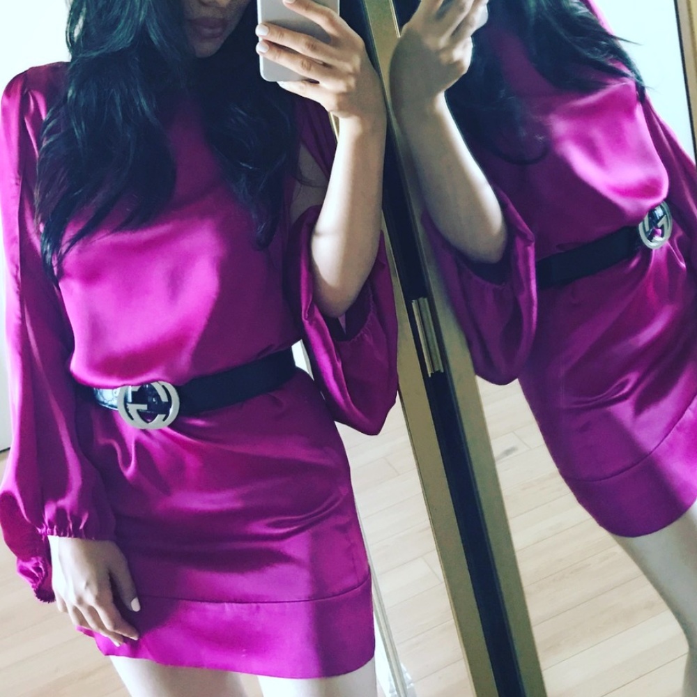 HOT PINK BELL SLEEVE SILKY DRESS